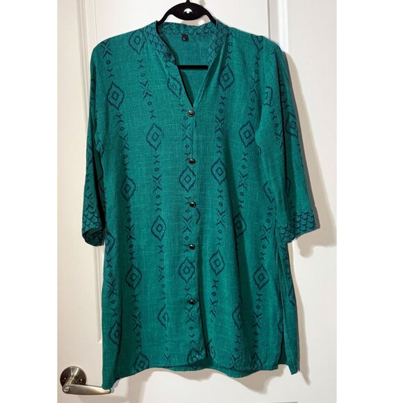 Vintage 90s Teal Geometric Tunic Button-Up – Size L - Picture 10 of 15